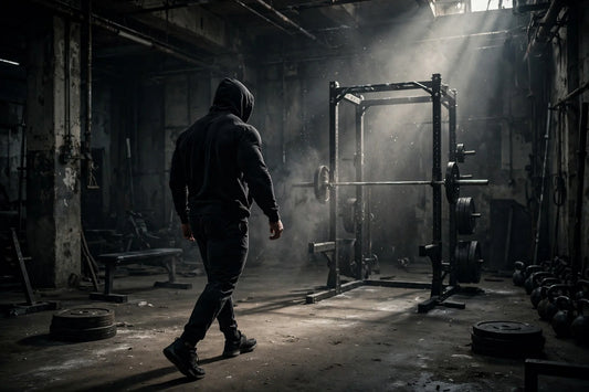 Lifter in a black hoodie walking toward a squat rack in a dark gym