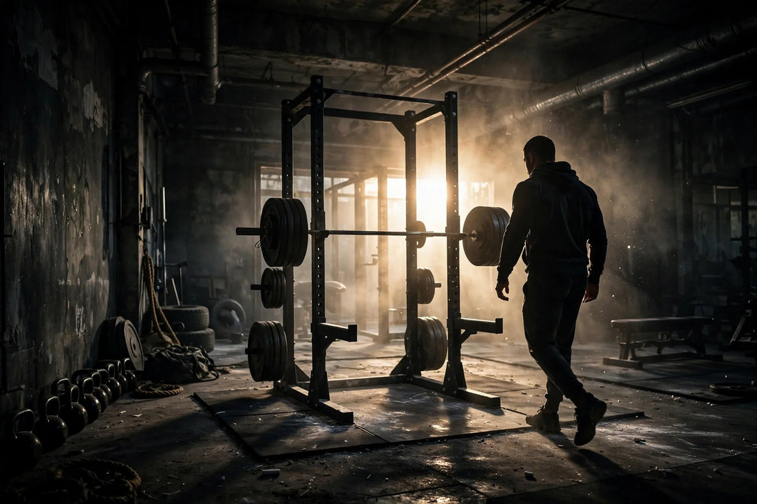 Lifter approaching a squat rack in a dark gym