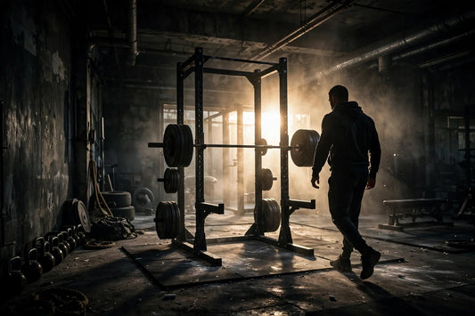 Lifter approaching a squat rack in a dark gym