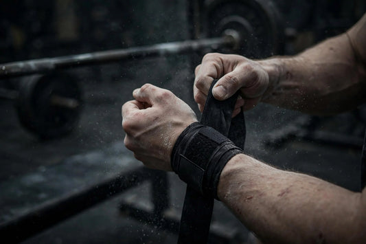 Lifter wrapping a wrist wrap tight before a heavy press
