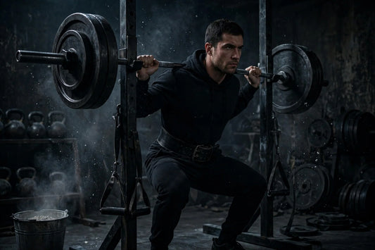 Lifter bracing before a heavy squat wearing a leather weightlifting belt