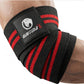 GRITMAXX Elbow Wraps – Black/Red Stripes, worn on elbow