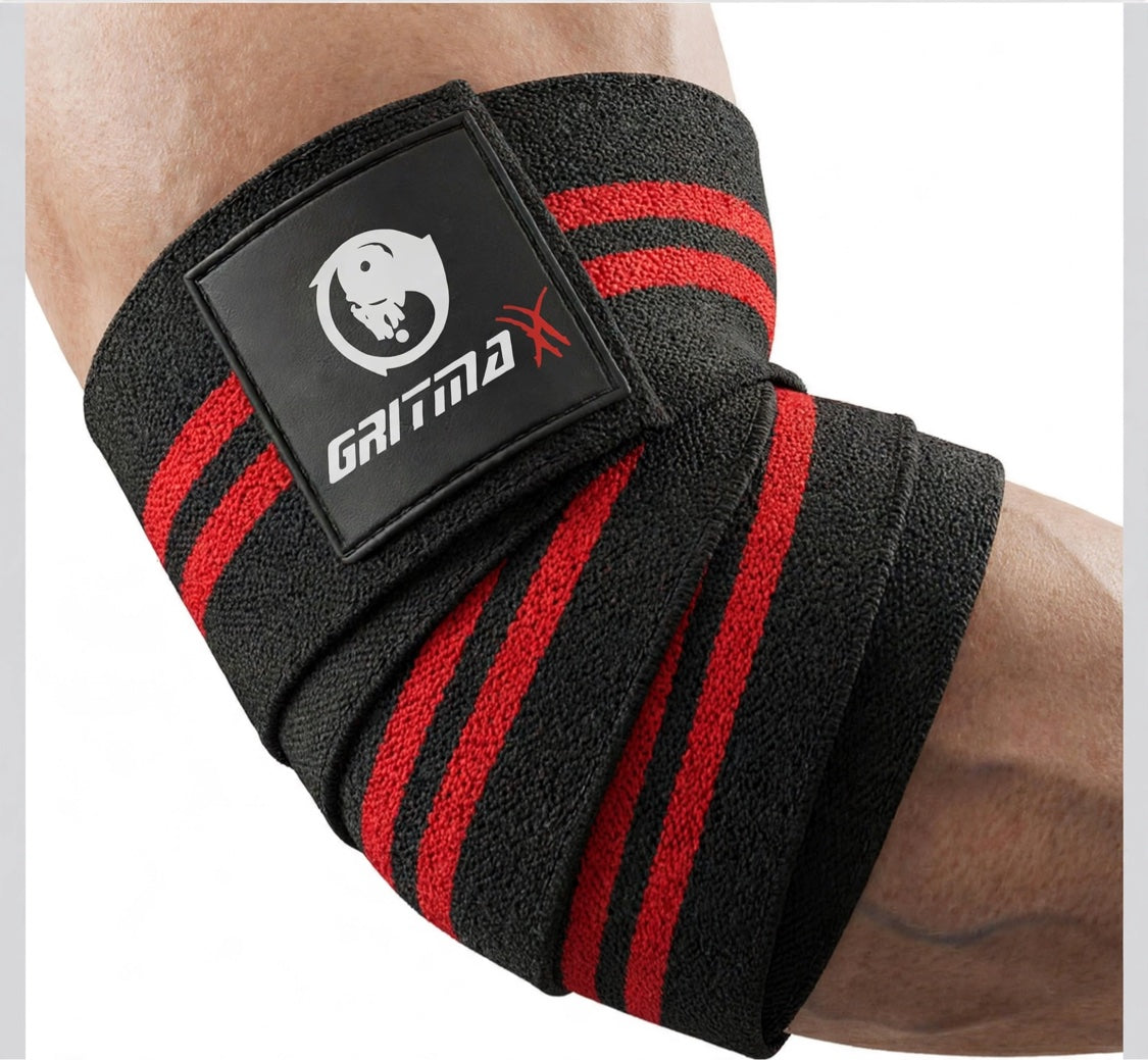 GRITMAXX Elbow Wraps – Black/Red Stripes, worn on elbow