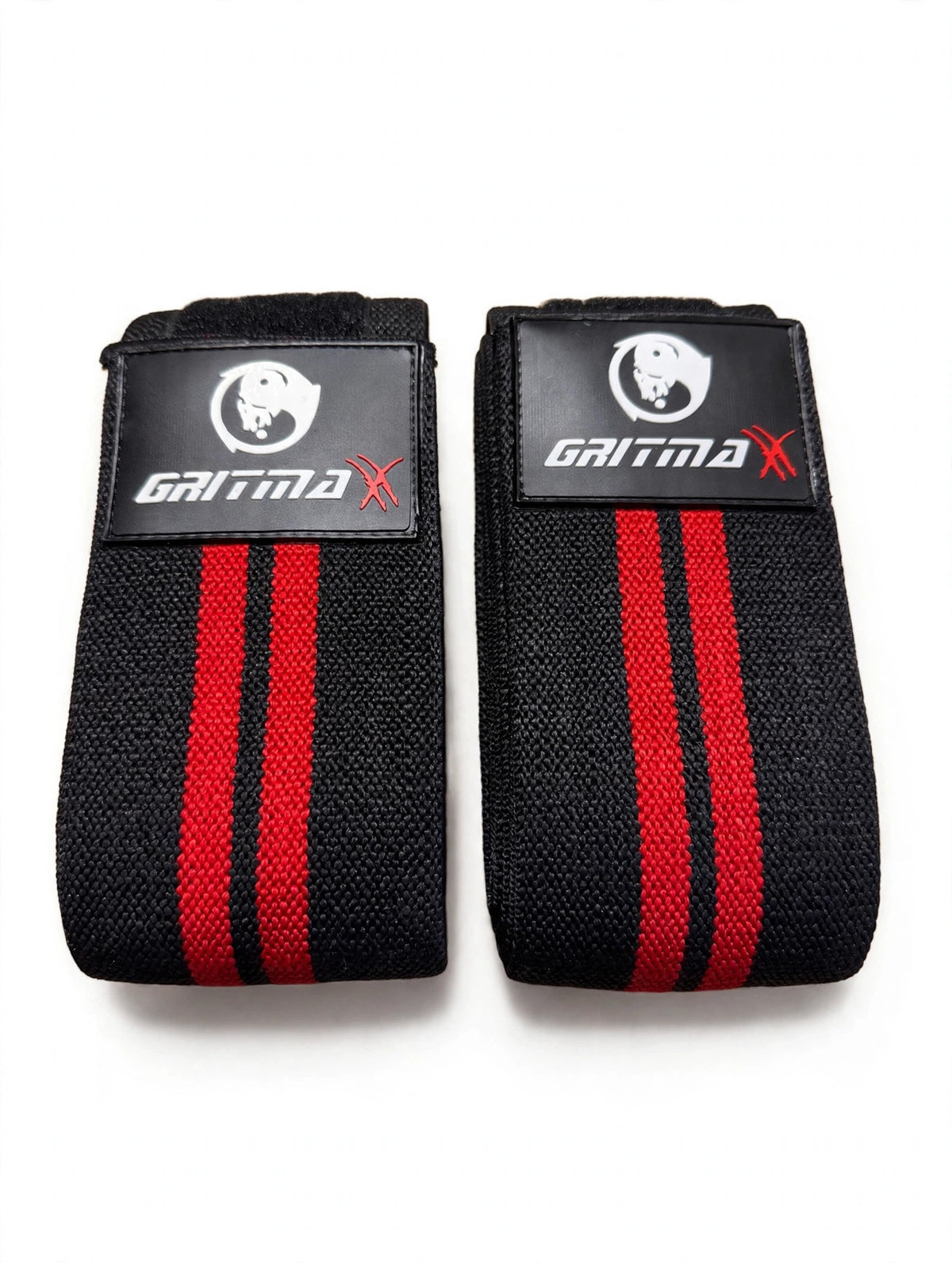 GRITMAXX Knee Wraps – Black/Red Stripes, white background