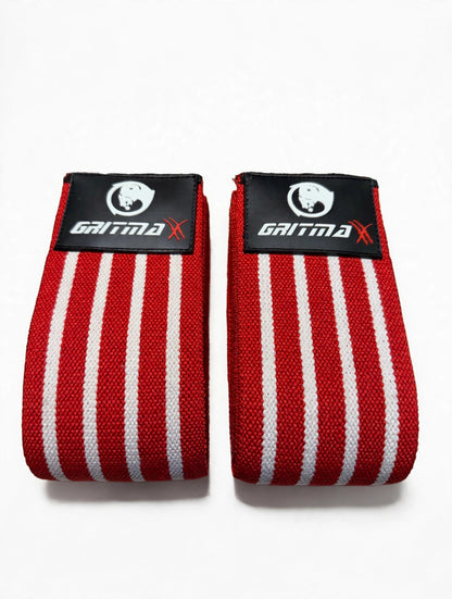 GRITMAXX Knee Wraps – Red/White Stripes, white background