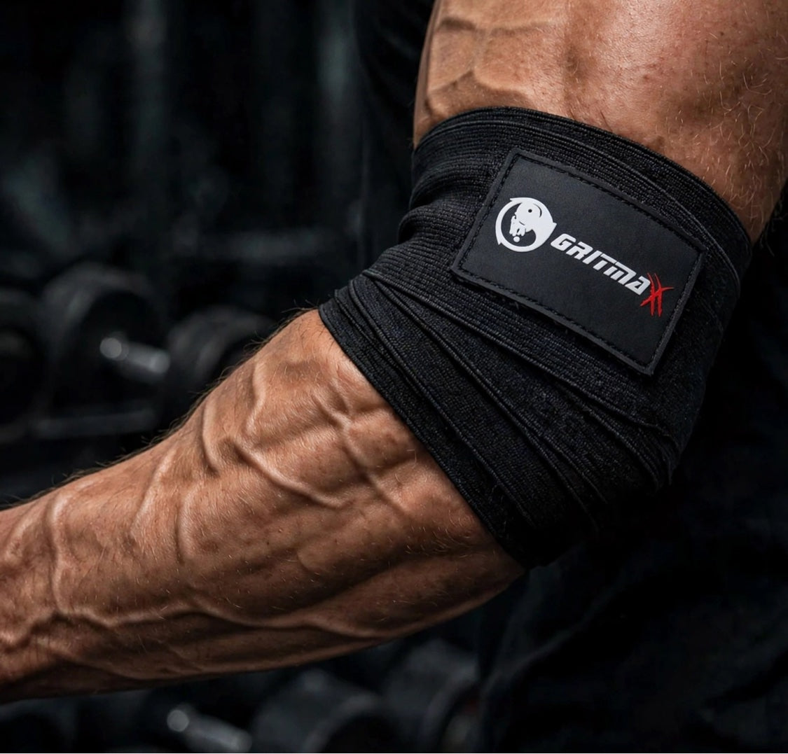 GRITMAXX Elbow Wraps – Red/White Stripes, worn on elbow