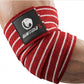 GRITMAXX Elbow Wraps – Red/White Stripes, worn on elbow