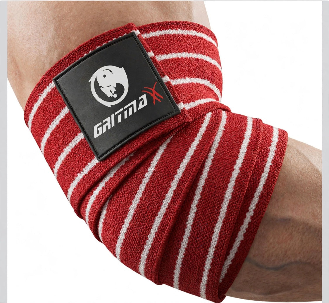 GRITMAXX Elbow Wraps – Red/White Stripes, worn on elbow